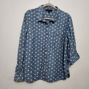 Tommy Hilfiger XL Blue Chambray White Polka Dot Roll Tab Sleeve Button Up Shirt